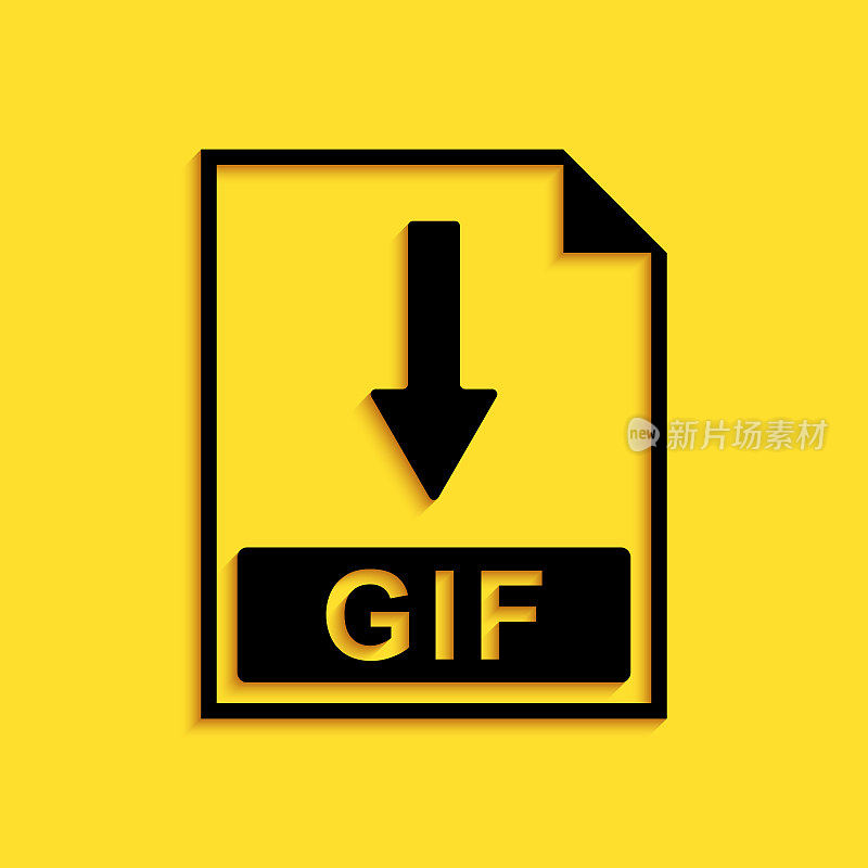 Black GIF file document icon. Download GIF button icon isolated on yellow background. Long shadow style. Vector